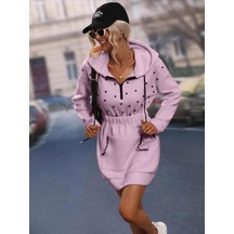 Kadın Beli Lastikli Inci Detay Kapüşonlu Mini Elbise Çok renkli