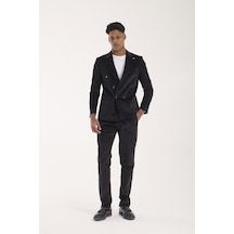 Erkek Slim Fit Kalıp Kruvaze Kadife Takım Elbise Siyah