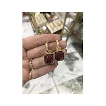 Gold Detaylı Kare Model Bordo Küpe