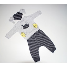 Erkek Bebek Fularlı Baskılı İkili Takım Açık Gri - Siyah