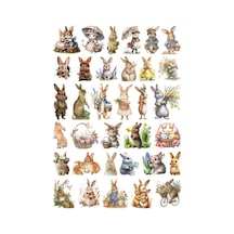 34 Adet Sevimli Tavşanlar Vintage Sticker Seti - Etiket Seti Sketchbook Çok Renkli