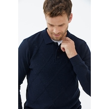 Polo Yaka Düğmeli Triko Kazak  - Lacivert