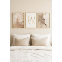 Altın Aşk Abstract Set - Gerçek Cama Baskı Gold Alüminyum Metal Çerçeveli 3'lü Modern Tablo