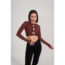 Holly Lolly Bisiklet Yaka Uzun Kol Göğüs Detaylı Crop Frank Bluz Kahverengi Kahve