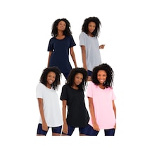 Beyaz-siyah-açık Pembe-gri-lacivert 5 Li Regular/normal Kesim Pis Yaka Kısa Kollu Kadın T-shirt Beyaz-siyah-açık Pembe-gri-lacivert