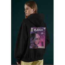 Sevbano Tasarım Lady Gaga Şarkıcı Sırt Baskılı Unisex Oversize Penye Hood Siyah