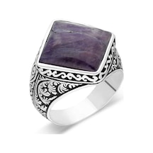 Gümüş Kalem Işlemeli Baklava Kesim Ametist Taşlı Erkek Yüzük - 556400172