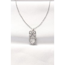 316l Çelik Silver Renk Zirkon Taşlı Kalpli Fiyonk Kolye 5886 Renkli