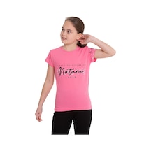 Pembe Nature Baskılı Bisiklet Yaka 5-12 Yaş Tişört 2037-1 Pembe