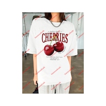 Tarzsokak Red Cherries Baskılı Oversize Unisex Tshirt Beyaz
