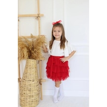 Kız Çocuk 23 Nisan Tül Etekli Kısa Kol İkili Takım Krem