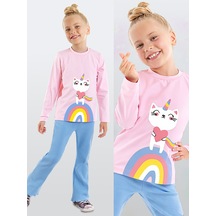 Kız Çocuk Kışlık Kedi Desenli Pamuklu Pembe Uzun Kollu Geniş Paça T-Shirt Pantolon Takımı 2-7 Yaş