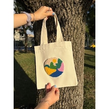 Bolergıashop Cıena Tasarım Canvas Omuz Çantası Bej - Beyaz - Yeşil Punch İşleme