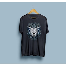 Oversize Etnik Desenli Aslan Tasarım Unisex T-shirt Siyah