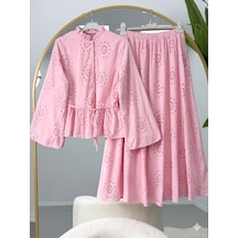 Lovie Moda Brode Detay Tesettür Etekli Takım Pembe