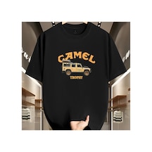 Caddemia Şık Gündelik Bol Retro Desen Baskılı Yuvarlak Yakalı Kısa Kollu Tişört Siyah 2XL