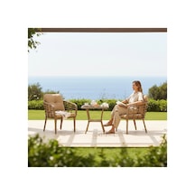 Kartepe 2 Tekli Oturak+sehpa 60 90 Bahçe Balkon Mutfak Takımı,bambu Rattan / Bej Kumaş
