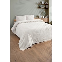 Çift Kişilik Saçaklı Havlu Yatak Örtüsü - %100 Pamuk & Yumuşak & Saçaklı Pike - 200x220 Cm-ekru Ekru