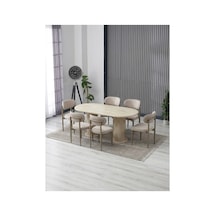 Aura Bohem Masa Takımı 90x170 Mdf Traverten Masa Ve 6 Adet Polo Sandalye Bej Bej