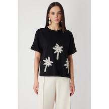 On Kadın Desenli Sıfır Yaka T-shirt 71362 Siyah Siyah