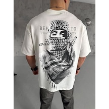 Erkek Kısa Kol Tişört Bisiklet Yaka Filistin Poşulu Baskılı T-shirt - Beyaz
