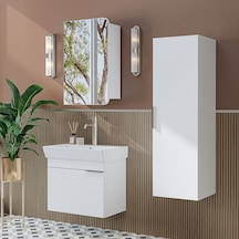 Likya Mdflam Kapaklı Lavabolu 60 Cm Banyo Alt Dolabı + Banyo Üst Dolabı + Banyo Boy Dolabı Beyaz