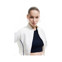 Koton Şerit Detaylı Dik Yaka Üç İplik Şardonlu Fermuarlı Crop Sweatshirt Ekru 6wal10209ık Ekru