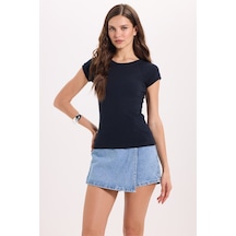Tudors Kadın Slim Fit Dar Kesim Bisiklet Yaka Reglan Kol %100 Pamuk Lacivert Tişört Bluz-51069