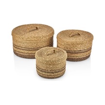 Dekoratif Yuvarlak Kapaklı Hasır Sepet 3 Lü Set Kutu Kahve