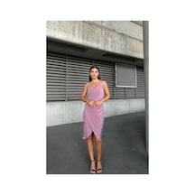 DefyModa Kadın Esnek Sandy Kumaş V Yaka Büzgülü Abiye Elbise Gülkurusu