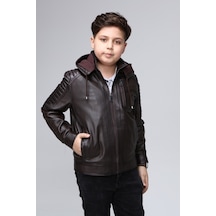 Erkek Hakiki Deri Kapşonlu Çocuk Mont Kahverengi
