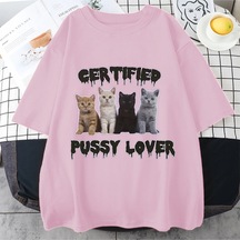 Flood Of Style Komik Sertifikalı Kedi Sevgilisi Meme Kedi Grafik T Shirt Unisex Moda Kawaii T-shirt Sokak Ra Pembe