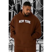 Benroma 3 İplik Penye New York Baskılı Büyük Beden Sweatshırt Kahverengi