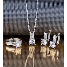 Mekik Tırnaklı Gümüş Tek Taş Takı Seti