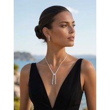Valmont Accessories Akarsu Mordel Zirkon Taşlı Gümüş Kolye Ve Küpe Seti - Düğün, Kına, Nişan Gelin Takı Seti