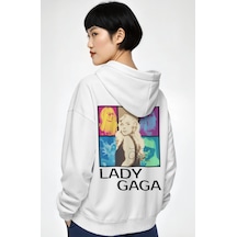 Sevbano Lady Gaga Şarkıcı Sırt Baskılı Unisex Oversize Penye Hoodie beyaz