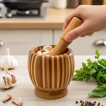 Pbt-409 Doğal Bambu Havan - Sarımsak Döveceği Ahşap Sarımsak Ezici Havan Döveç Açık Gri