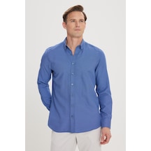 Erkek Mavı Slim Fit Dar Kesim %100 Pamuk Düğmeli Yaka Oxford Gömlek Mavı