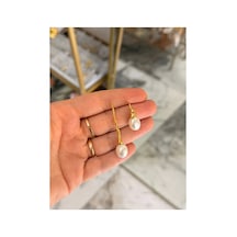 Vıp Asimetrik Model Doğal Taş İnci Ve Gold Detaylı Tasarım Küpe Altın