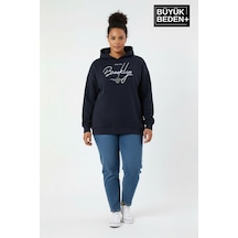 Süperlife Kadın Büyük Beden Kapüşonlu El Yazılı Brooklyn Baskılı İnce Sweatshirt Spr26bswk958 Lacivert