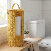 Askılı Plastik Rattan Tuvalet Kâğıdı Standı Hasır Görünümlü, Kapaklı, Yedekli Wc Kâğıtlık, Banyo Ve Tuvalet İçin Dekoratif Organizer 4915 Beyaz
