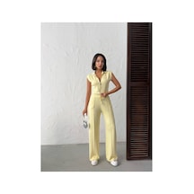 Meecy Kadın Polo Yaka Fermuarlı Crop Yelek Ve Geniş Paça Çimalı Pantolon İkili Takım Sarı Sarı