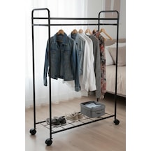 Metaliz Concept Tekerli Modern Metal Elbise Askılığı - Katlı Raflı Portatif Giysi Standı, Siyah