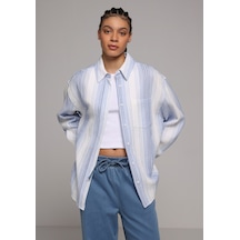Colin's Colins Oversize Shirt Neck Çizgili Kadın Mavi Uzun Kol Gömlek Cl1079410 Q1.v1 Ble Mavi
