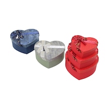 3pcs Kalp Çizgili Mix Renkli - Kabartma Desen Karton Hediye Kutusu Kurdelalı 22x20-19x17-16x14cm 4741