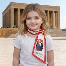Mavi Masal Atatürk Baskılı Çocuk Fuları - K. Atatürk İmzalı Ve Türk Bayraklı Kız Çocuk Boyun Şalı / Fuarı Okul Ve Tören İçin Beyaz