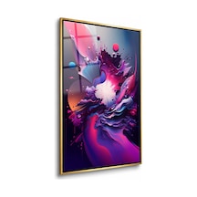Lacivert Fondaki Fuşya Soyut Dalgalar Gold Çerçeveli Cam Tablo