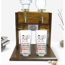 Kişiye Özel Renkli Baskılı Gel Beraber Rakı İçelim Tasarımlı İkili Rakı Bardağı Ve Çift Musluklu Doğal Ahşap Rakı Standı-1