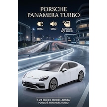 Işıklı Sesli Pilli 1:24 Metal Porsche Panamera Turbo Kapısı Kaputu Ve Bagajı Açılabilir Model Araba Beyaz