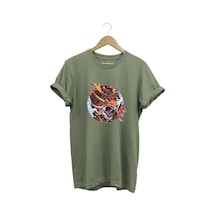 Streetwear Savaşçı Japon Kaplan Baskılı Şık Tasarımlı %100 Pamuk Bisiklet Yaka Haki T-shirt Haki
